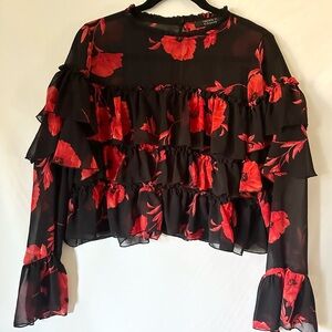 Forever 21 Whimsy Goth Black Floral Sheer Chiffon Ruffle Blouse Size L